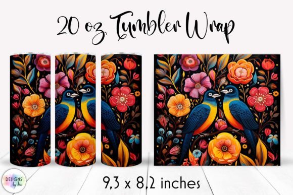 Birds with Flowers Folk Tumbler Design: Graphics for Vibrant Tumbler Wraps