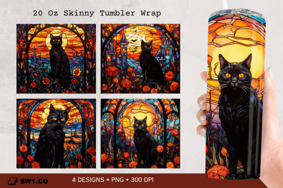 Black Cat Stained Glass Tumbler Wrap PNG: Graphics for Crafts & Branding