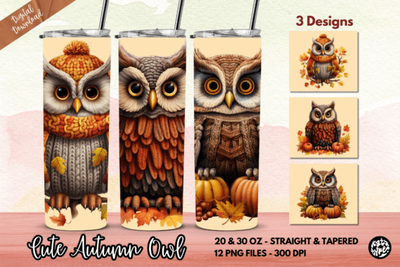Cute Autumn Owl Tumbler Wrap: Graphics & Print Templates