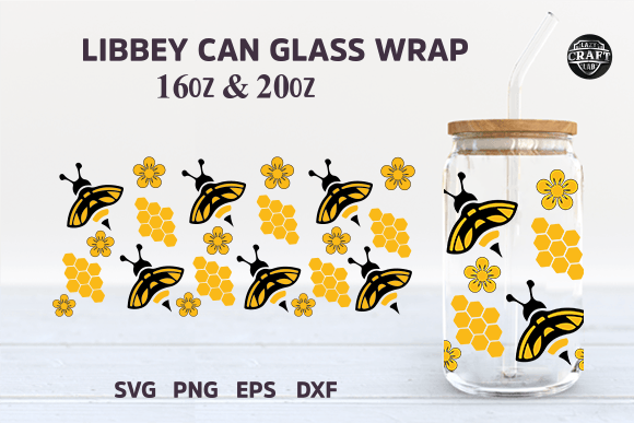 Flower Bee Libbey Can Glass SVG Graphics for Tumbler Wraps