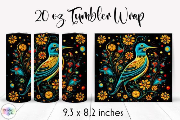 Folk Bird with Flowers Tumbler Design: Graphics & Tumbler Wraps