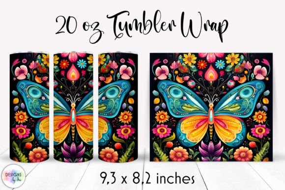 Folk Butterfly with Flowers Tumbler PNG: Graphics for Vibrant Tumbler Wraps