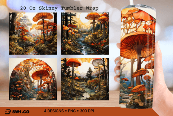 Mushroom Stained Glass Tumbler Wrap PNG: Graphics for Crafts