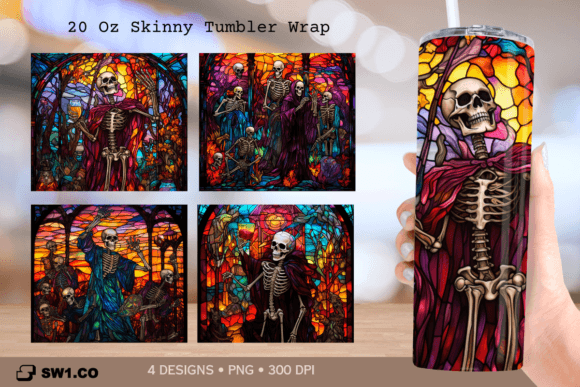 Skeleton Stained Glass Tumbler Wrap PNG: Graphics for Crafts & Content