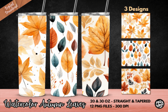 Watercolor Autumn Leaves Tumbler Wrap: Graphics & Print Templates